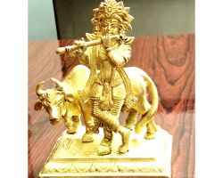Brass krishna idol with cow
