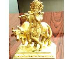 Brass krishna idol with cow 7 inches