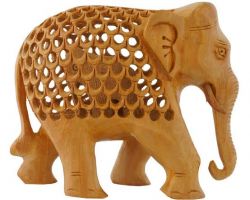 Elephant wooden sculpture Cutwork Handcarved trunk down 5 inches