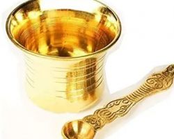 Brass Pooja panch patra brass  glass spoon set Pooja achmani set