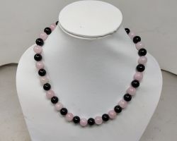 Rose quartz and black agate mix beads necklace pink and black natural stone necklace