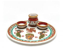 Marble Pooja thali set  Marble  decorative Pooja plate with bowl and kalash 9 inches