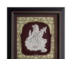 Silver plated goddess Saraswati in frame Silver plated framed saraswati ji 12×11 inches best gift item
