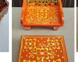 Wooden singhasan and chouki painted orange for diety
