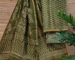 Chanderi silk dress material 3 piece chanderi silk suit material with handblock print hina  green  code 4