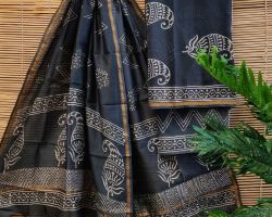 Chanderi silk dress material 3 piece chanderi silk suit material with handblock print  blue code 6