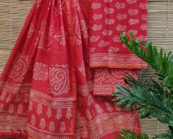 Chanderi silk dress material 3 piece chanderi silk suit material with handblock print red  code 7