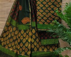 Chanderi silk dress material 3 piece chanderi silk suit material with handblock print  green and yellow code 10