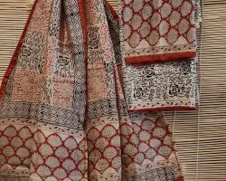 Chanderi silk dress material 3 piece chanderi silk suit material with handblock print cream and red   code 11