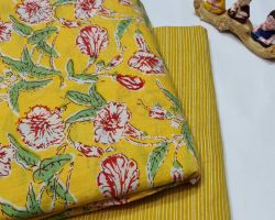 Handblock bagru print dress material cotton  top and bottom yellow code 2