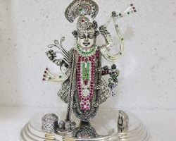 Pure Silver Shrinathji idol chandi ke Shrinathji 6 inches pure silver shrinathji statue with stone work