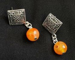 Stone earrings with oxidise saffron stone beads with oxidise German Silver earrings