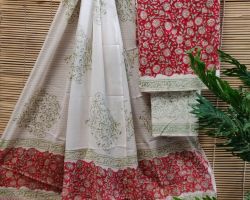 Pure  3 piece cotton dress material cotton handblock print suit material red and white