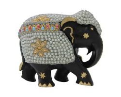 Elephant wooden sculpture with pearl work  carving with pearl wooden elephant Trunk down 5 inches