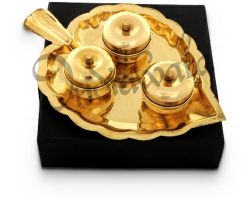 Kumkum box brass leaf design tray with 3 box
