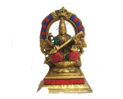 Saraswati idol brass with stone work saraswati statue 7 inches