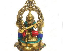 Saraswati idol brass with stone work saraswati statue sitting in yelli ring 9 inches
