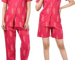 Night dress 3 piece cotton night suit red print
