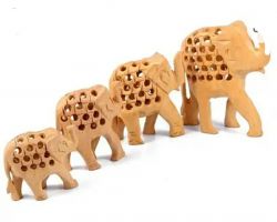 Wooden cut work elephant set of 4 wooden elephant jali cut showpiece