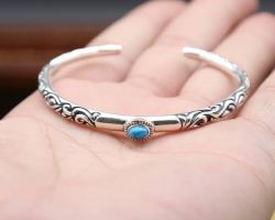 Silver kada with turquoise silver bangle with firoza stone