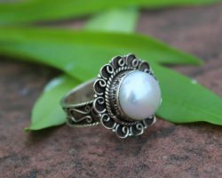 Pearl ring in silver pearl silver ring oxidised design