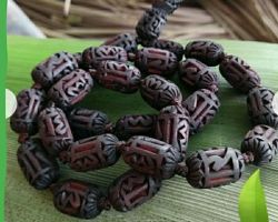 Radha carved Tulsi mala 27 beads black damru shape original Tulsi mala