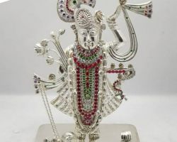 Silver shrinathji idol with stone work 4 inches chandi ke shrinathji ji