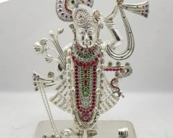 Silver Shrinathji idol with stone work 4 inches chandi ke Shrinathji ji