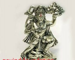 Silver Hanuman idol with mountain 6 inches pure silver Hanuman murti