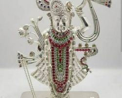 Silver Shrinathji idol 10 inches with Ruby  stone work pure silver shrinathji statue