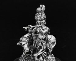 Silver Krishna idol with cow 5.5 inches fine finish Chandi ke Krishna ji with cow