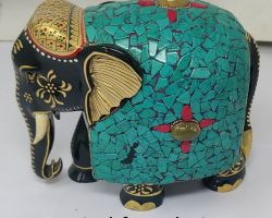 Elephant wooden sculpture with stone carvings trunk down 6 inches