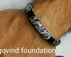 Silver leather kada for men pure silver with leather kada