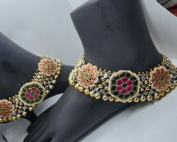 Silver Anklet Amrapali design with Red stone  Silver payal