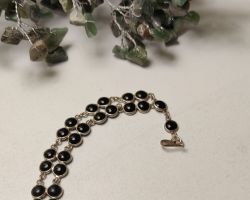Black Agate silver bracelet double chain black hakik bracelet with silver chain