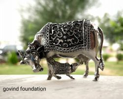Silver Cow Statue 8 inches pure silver Cow calf Sculpture