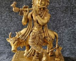 Krishna idol Brass 9 inches Krishna idol with cow in Brass