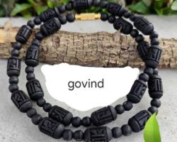 Tulsi Neckmala Radha Naam carved Black Tulsi Kanthi mala designer