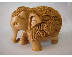 wooden Elephant Sculpture Handcarved trunk down  4 inches