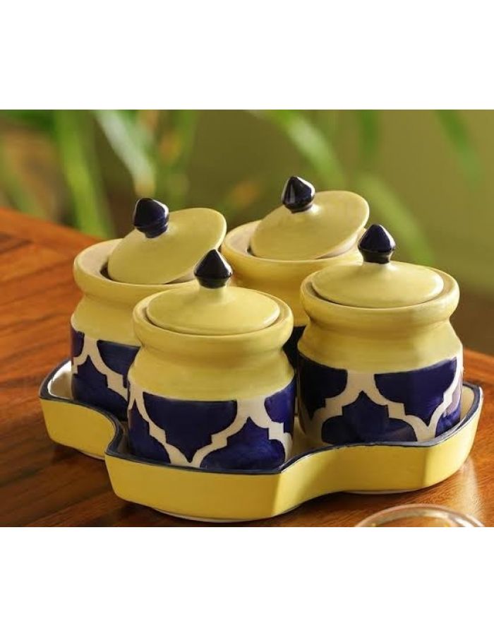 Pickle jar set Ceramic pickle jar set of 4 with tray blue yellow