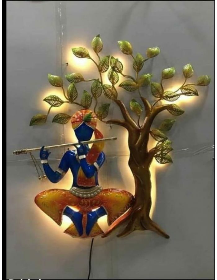 Metal krishna statue with tree wall with decor 3d light 24×36 inches