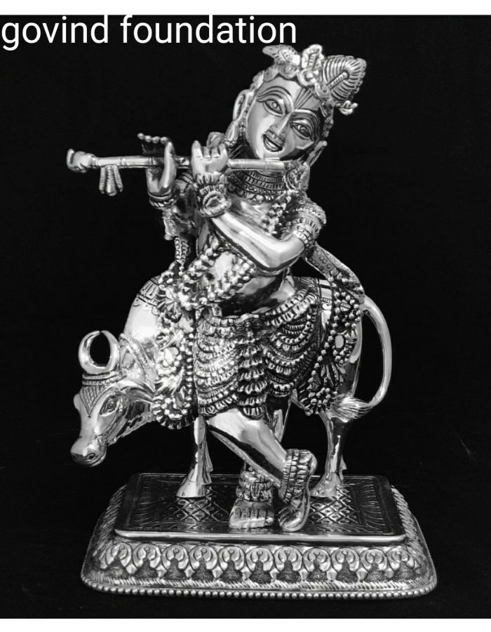 Pure silver Krishna idol with cow 10 inches chandi ki Krishna murti
