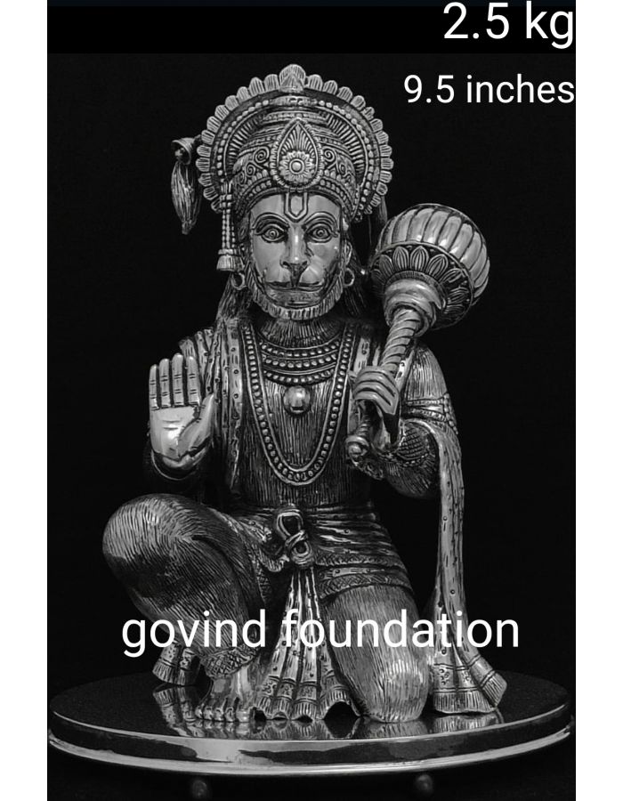 Silver Hanuman idol sitting 9.5 inches heavy Hanuman statue in pure silver