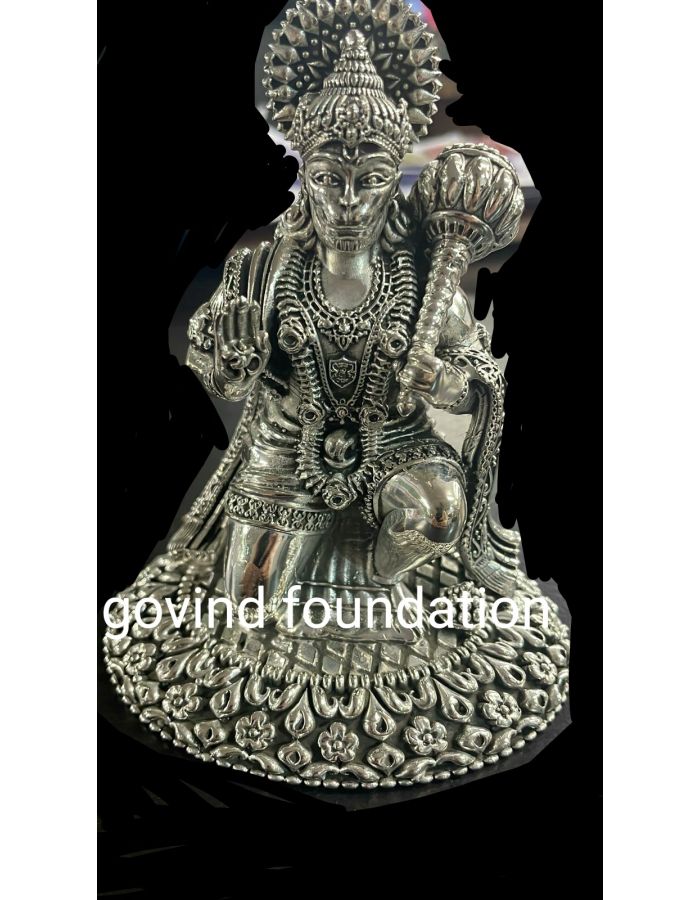 Silver Hanuman idol Sitting with gada 11 inches Hanuman statue in Pure