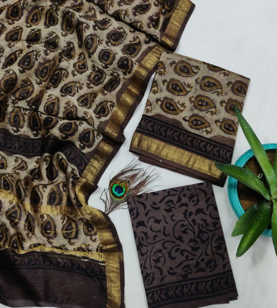 maheshwari silk dress material Suit material Maheshwari silk with azrak print 3 piece dress material code 1