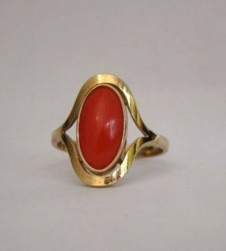 Zelfrespect Literaire kunsten Aanzienlijk Red coral gold ring natural red coral with gold ring Moonga stone with ring  code 5