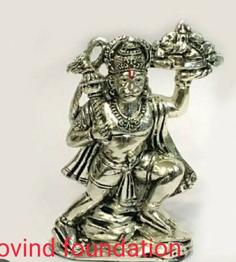 Silver Hanuman idol with mountain 6 inches pure silver Hanuman murti