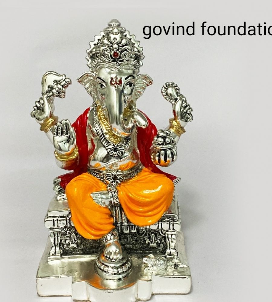 Pure silver Ganesh idol 6 inches fine finish ganesh idol in pure silver with painting